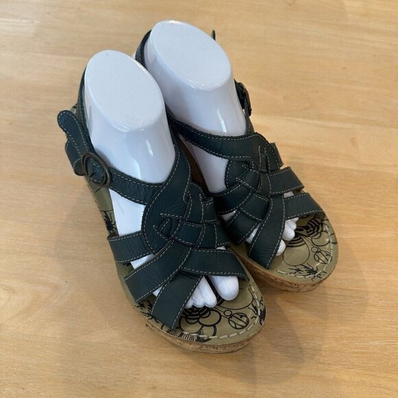 Fly London Sandals Womens Green Leather Cork Wedge Strappy Peep Toe Sz 40 Boho - Picture 1 of 8